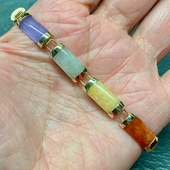 14K Gold Multicolor Jade Gemstone Bar Link Estate Vtg Tennis Bracelet J818 - Picture 7 of 9